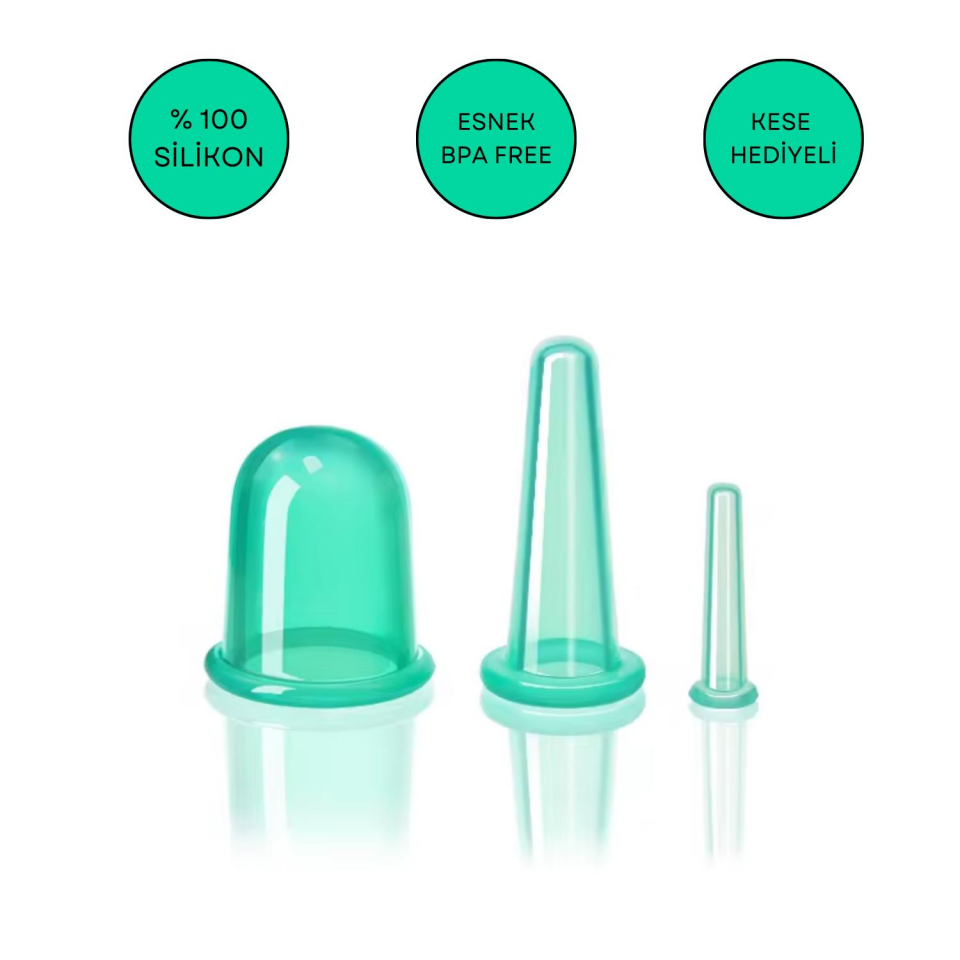 Silikon Vakumlu Yüz ve Boyun Masaj Kupa Seti 3'lü Yeşil Renk