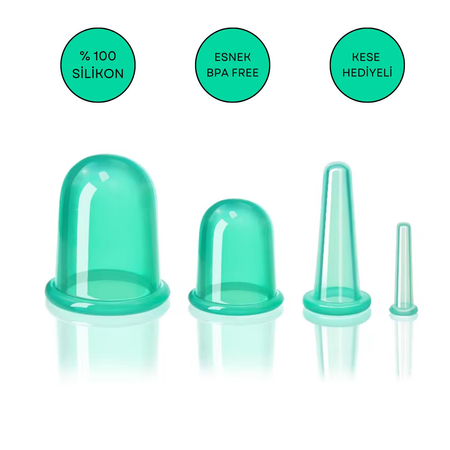 Silikon Vakumlu Selülit ve Yüz Masaj Kupa Seti 4'lü Yeşil Renk