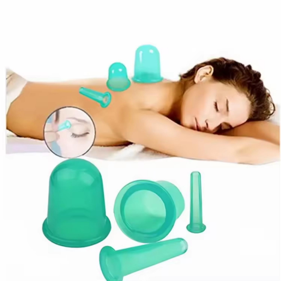 Silikon Vakumlu Selülit ve Yüz Masaj Kupa Seti 4'lü Yeşil Renk