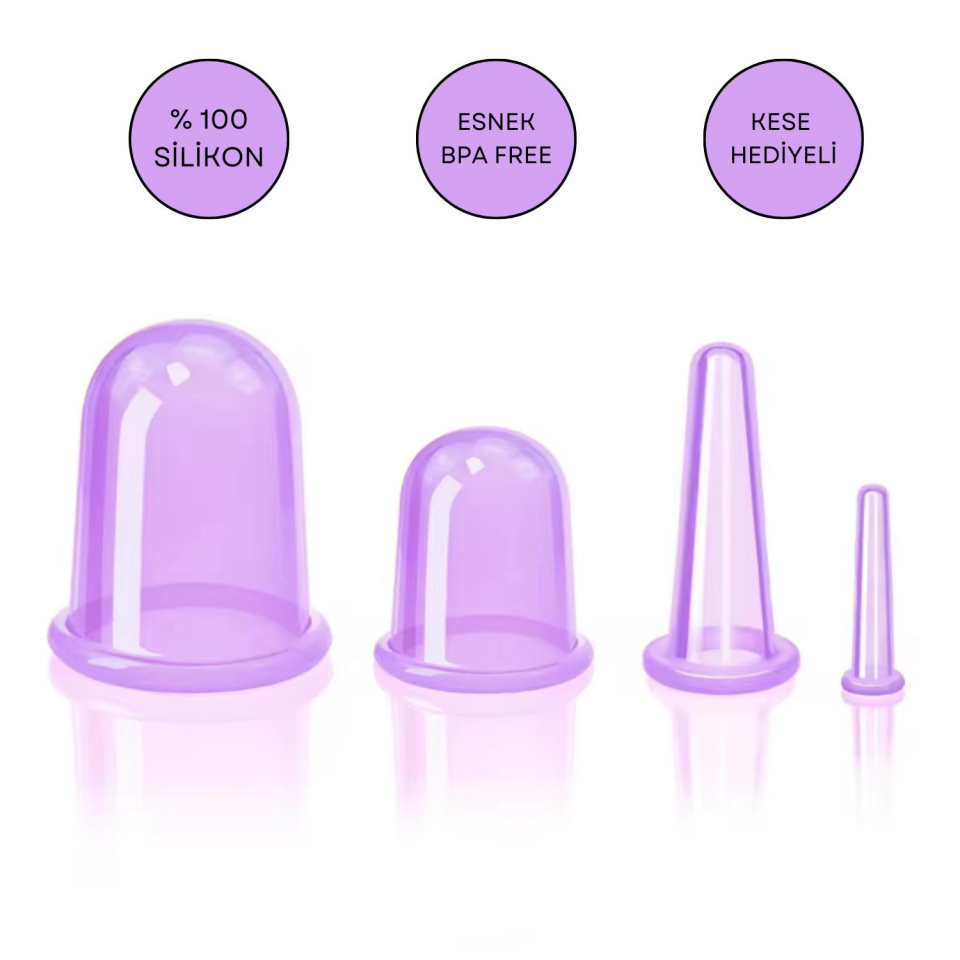 Silikon Vakumlu Selülit ve Yüz Masaj Kupa Seti 4'lü Mor Renk