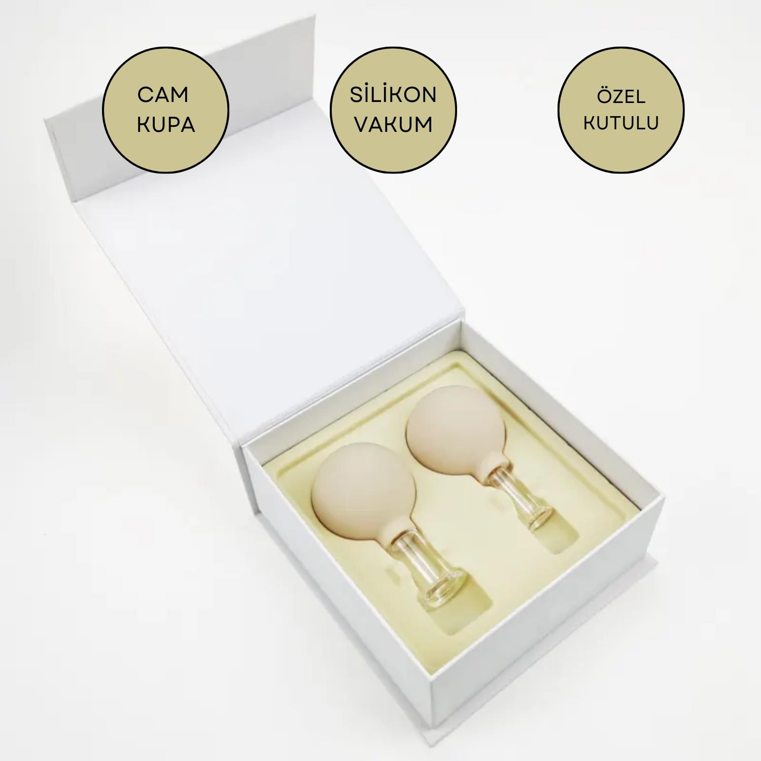 Silikon Vakumlu Cam Yüz Masaj Kupası 2'li Set Bej Renk