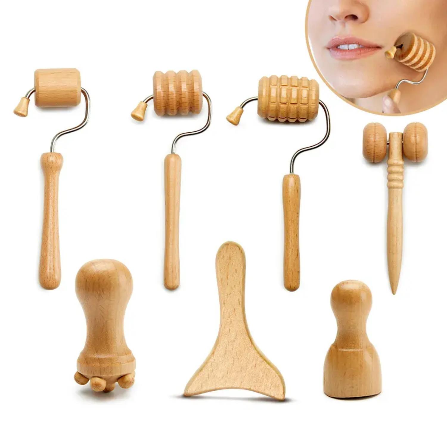 Face Yoga Mini Ahşap Yüz Masaj Aparatı & Madero Terapi Guasha 7'li Set