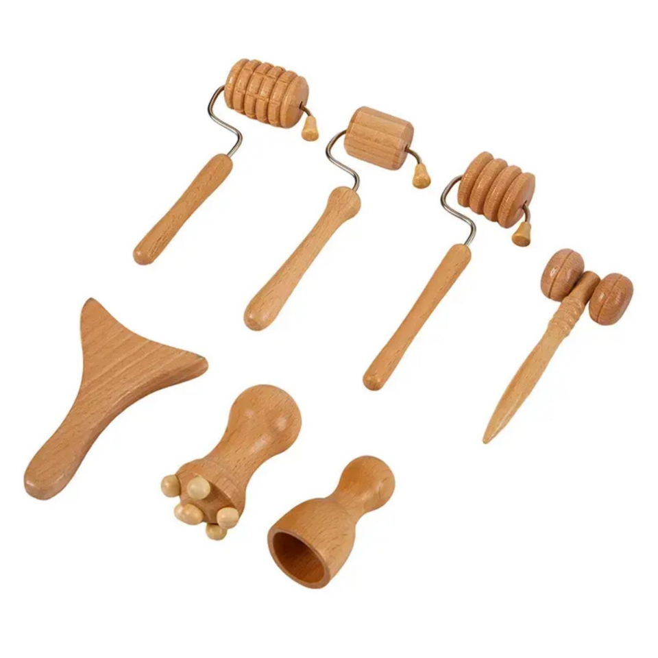 Face Yoga Mini Ahşap Yüz Masaj Aparatı & Madero Terapi Guasha 7'li Set