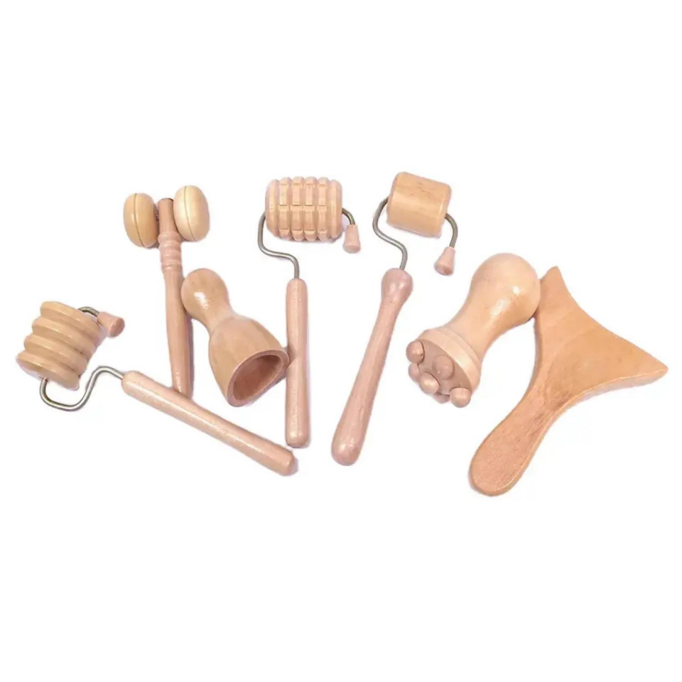 Face Yoga Mini Ahşap Yüz Masaj Aparatı & Madero Terapi Guasha 7'li Set