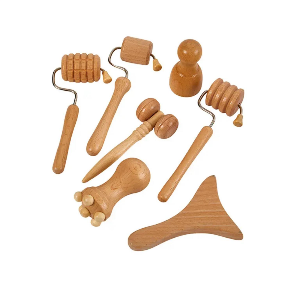 Mini Ahşap Yüz Masaj Aparatı & Madero Terapi Guasha 7'li Set