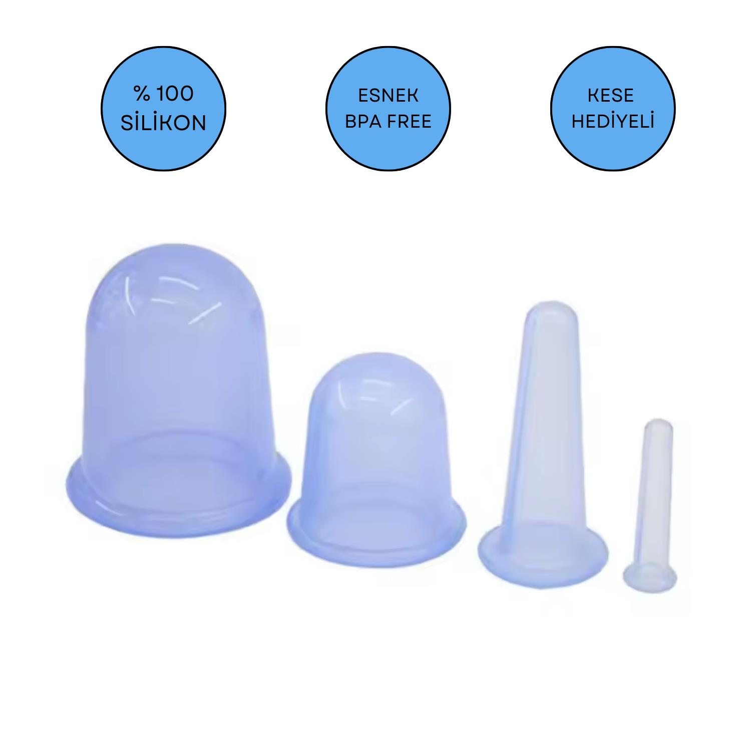 Silikon Vakumlu Selülit ve Yüz  Masaj Kupa Seti 4'lü Mavi Renk
