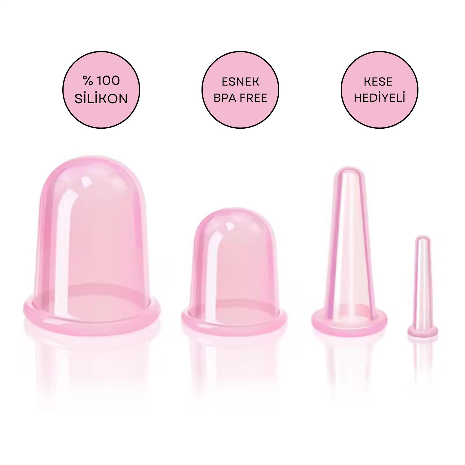 Silikon Vakumlu Selülit ve Yüz Masaj Kupa Seti 4'lü Pembe Renk
