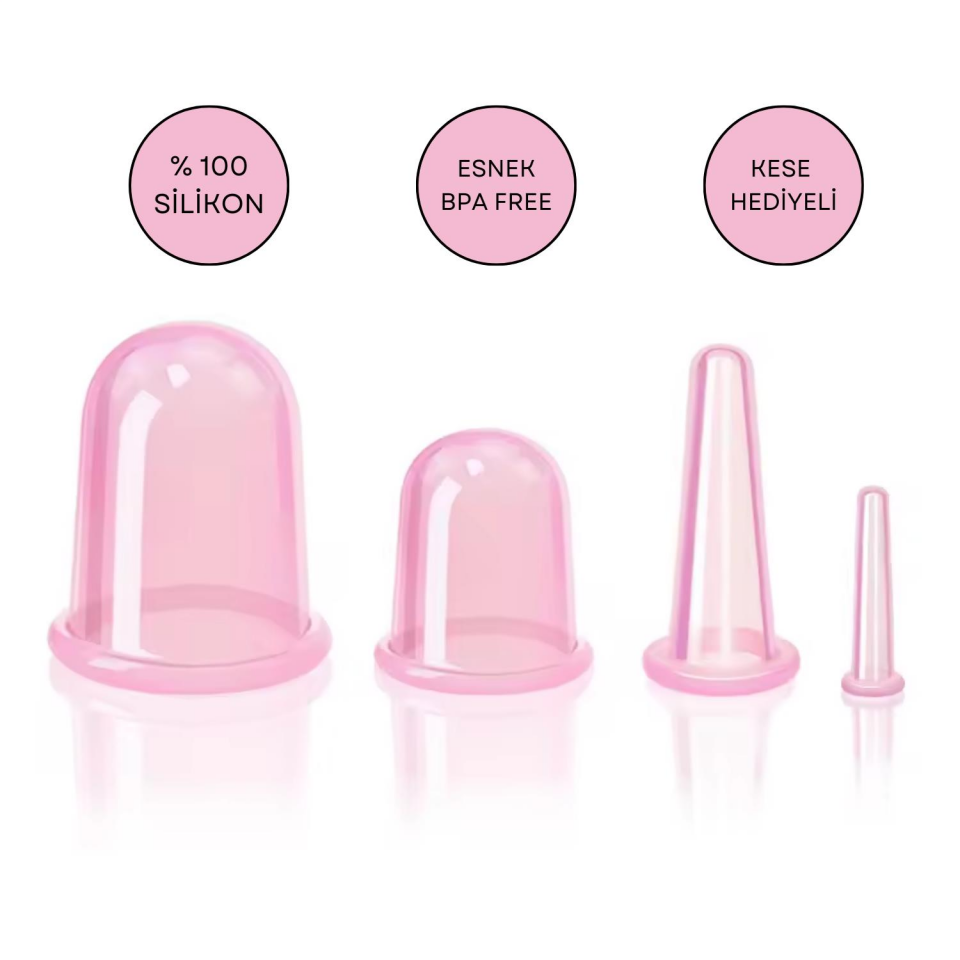 Silikon Vakumlu Selülit ve Yüz Masaj Kupa Seti 4'lü Pembe Renk