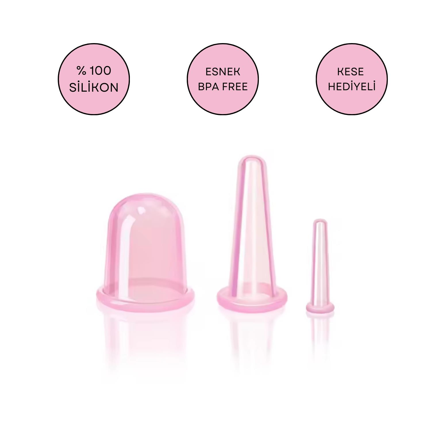 Silikon Vakumlu Yüz ve Boyun Masaj Kupa Seti 3'lü Pembe Renk