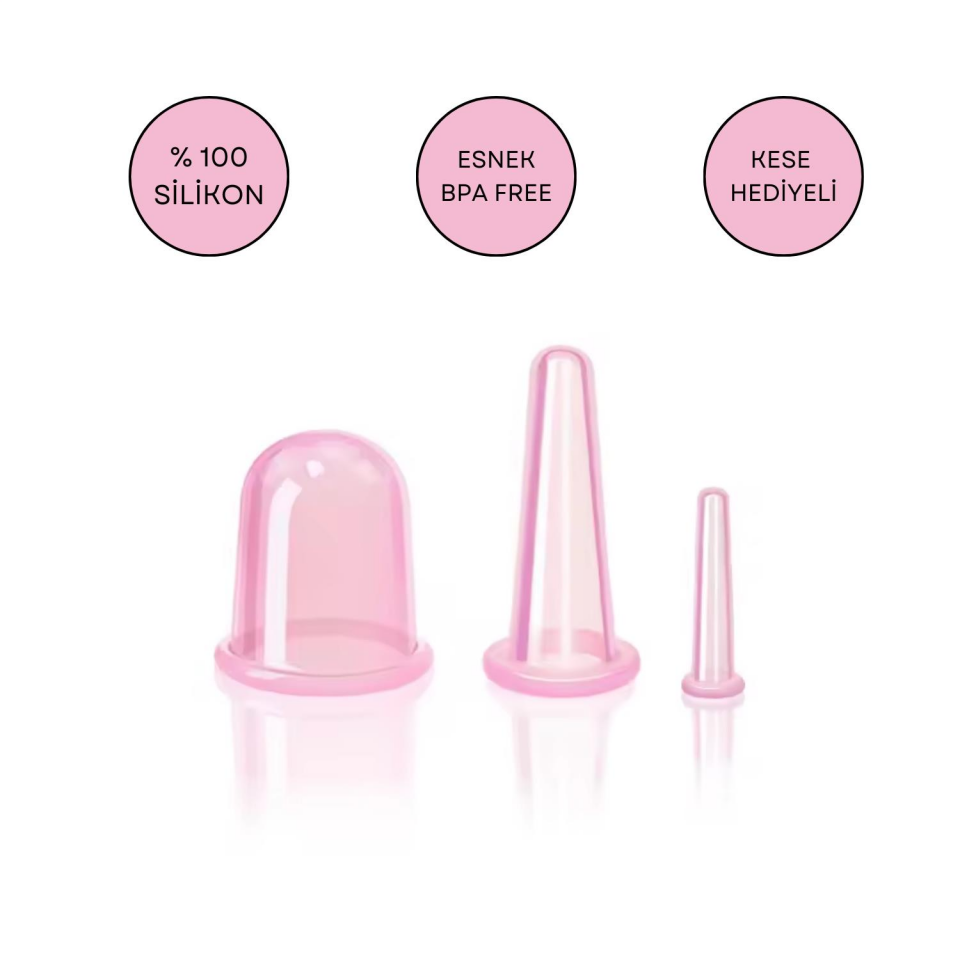 Silikon Vakumlu Yüz ve Boyun Masaj Kupa Seti 3'lü Pembe Renk
