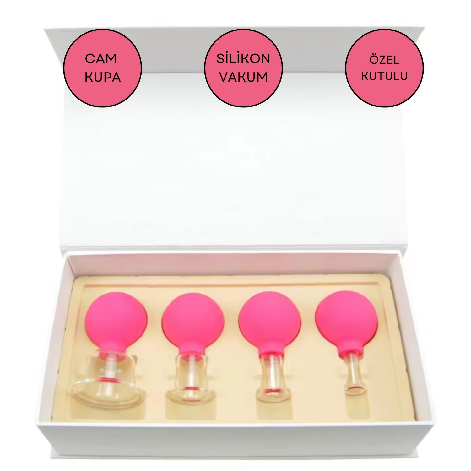 Silikon Vakumlu Cam Yüz Masaj Kupası 4'lü Set Gül Pembe Renk