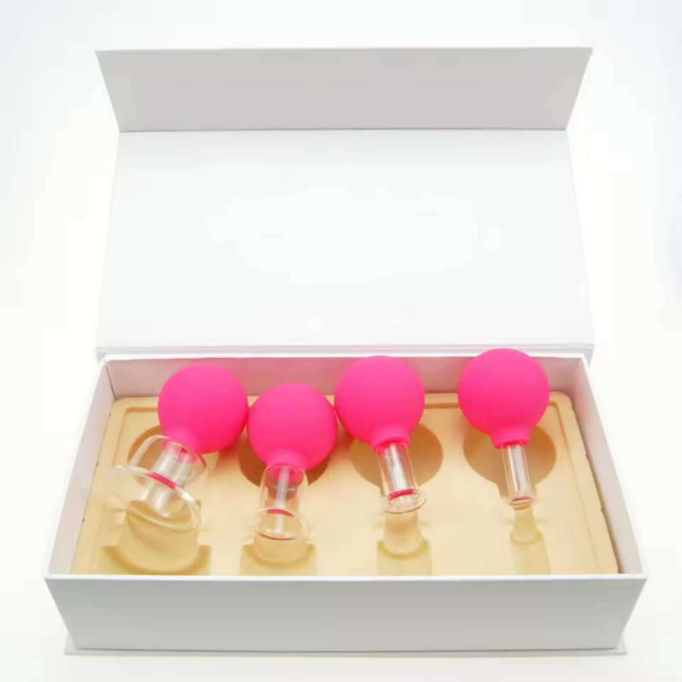 Silikon Vakumlu Cam Yüz Masaj Kupası 4'lü Set Gül Pembe Renk