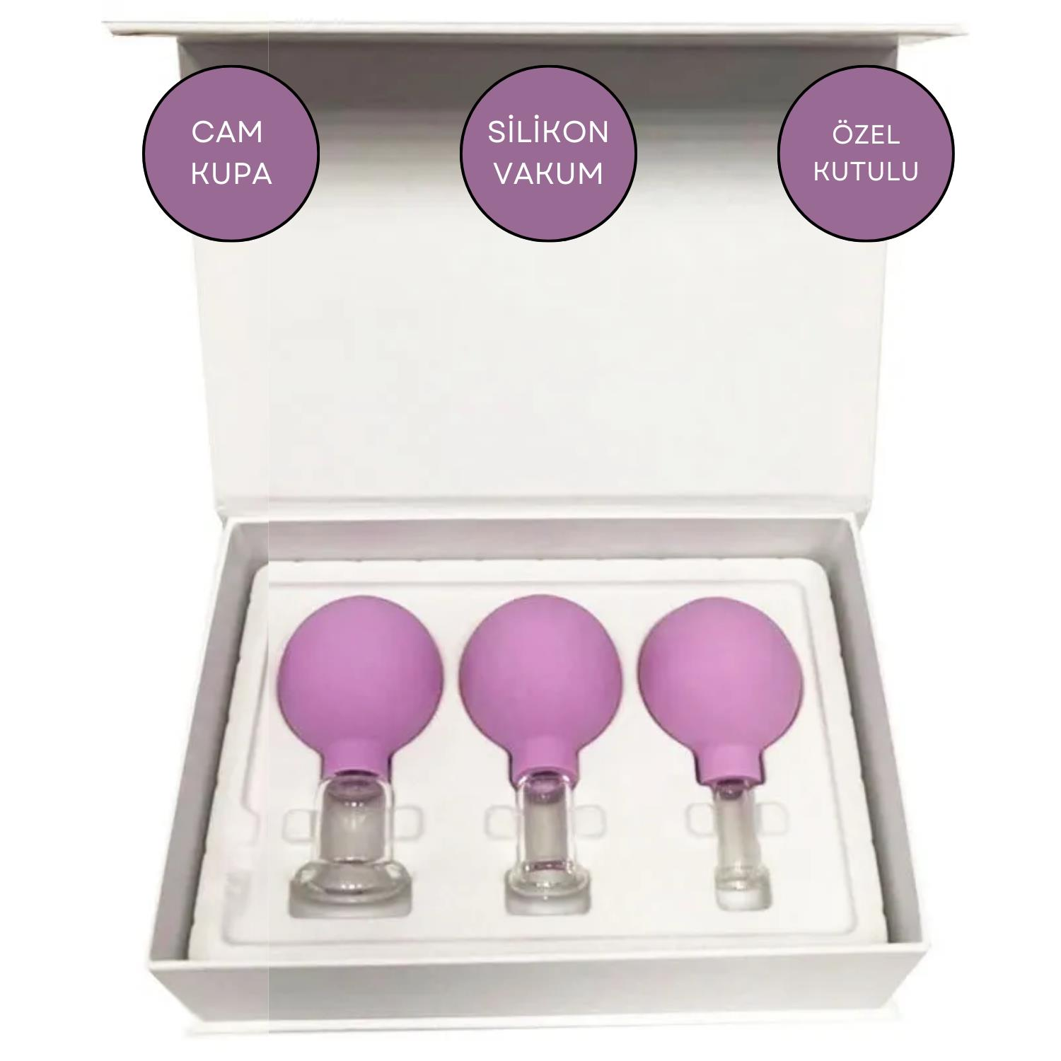 Silikon Vakumlu Cam Yüz Masaj Kupası 3'lü Set Mor Renk