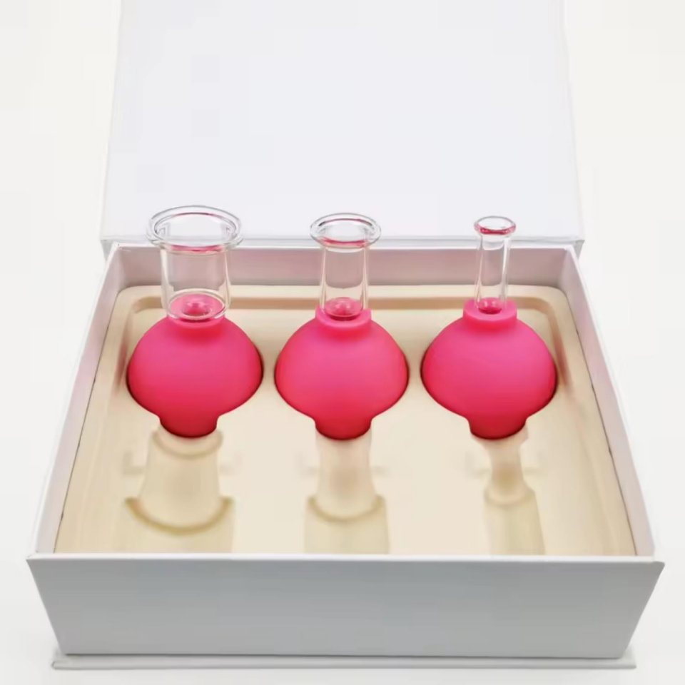Silikon Vakumlu Cam Yüz Masaj Kupası 3'lü Set Gül Pembe Renk