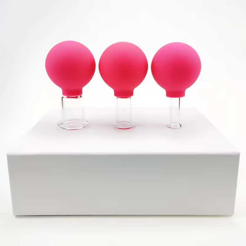 Silikon Vakumlu Cam Yüz Masaj Kupası 3'lü Set Gül Pembe Renk