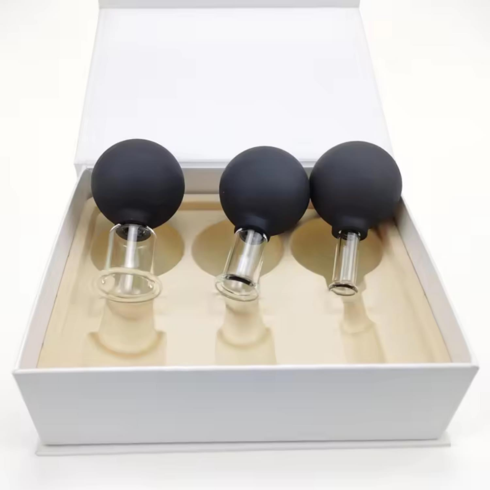 Silikon Vakumlu Cam Yüz Masaj Kupası 3'lü Set Siyah Renk