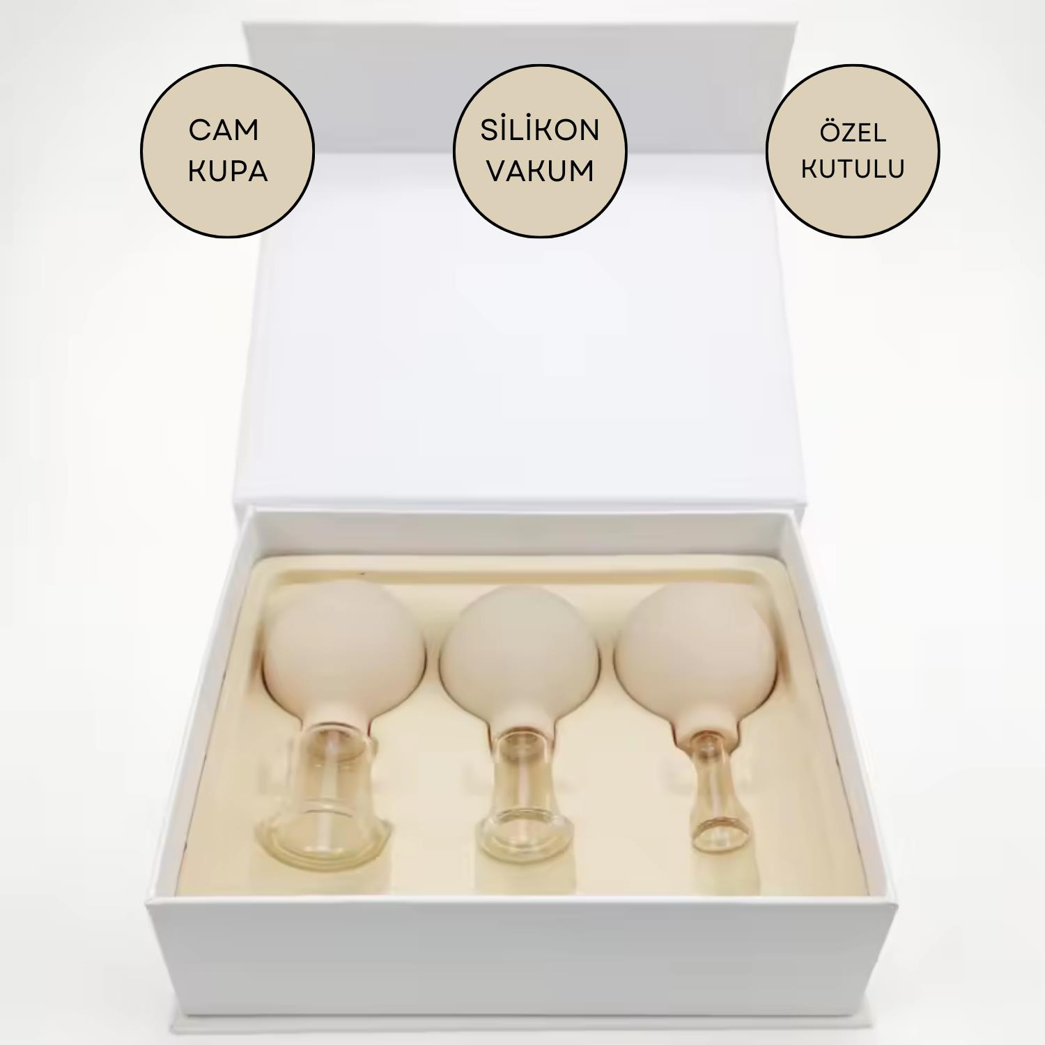 Silikon Vakumlu Cam Yüz Masaj Kupası 3'lü Set Bej Renk