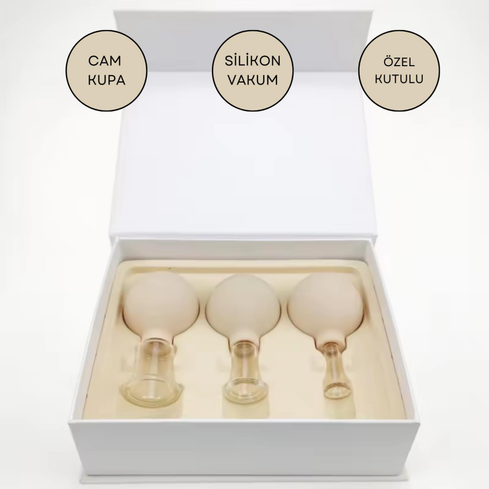 Silikon Vakumlu Cam Yüz Masaj Kupası 3'lü Set Bej Renk