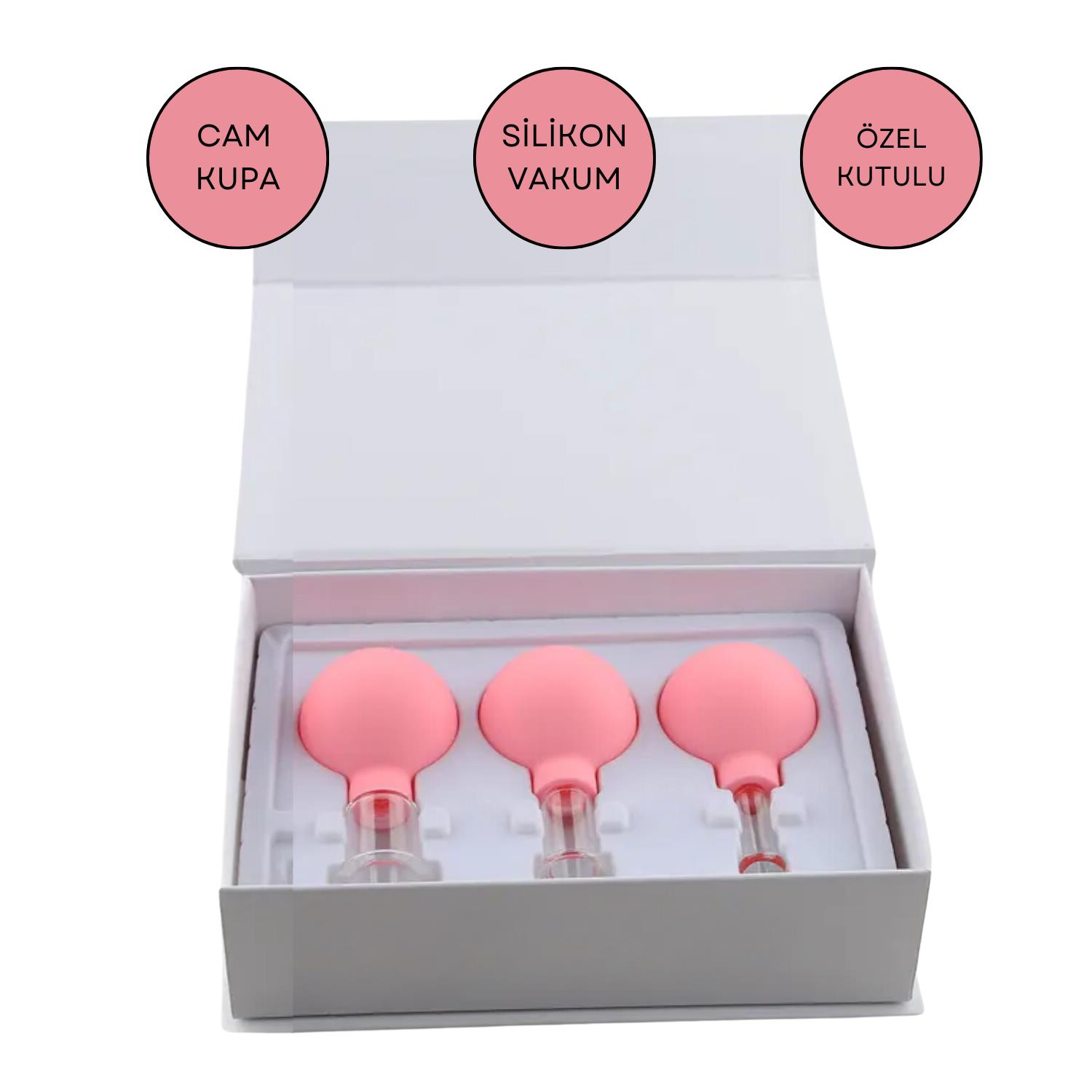 Silikon Vakumlu Cam Yüz Masaj Kupası 3'lü Set Pembe Renk