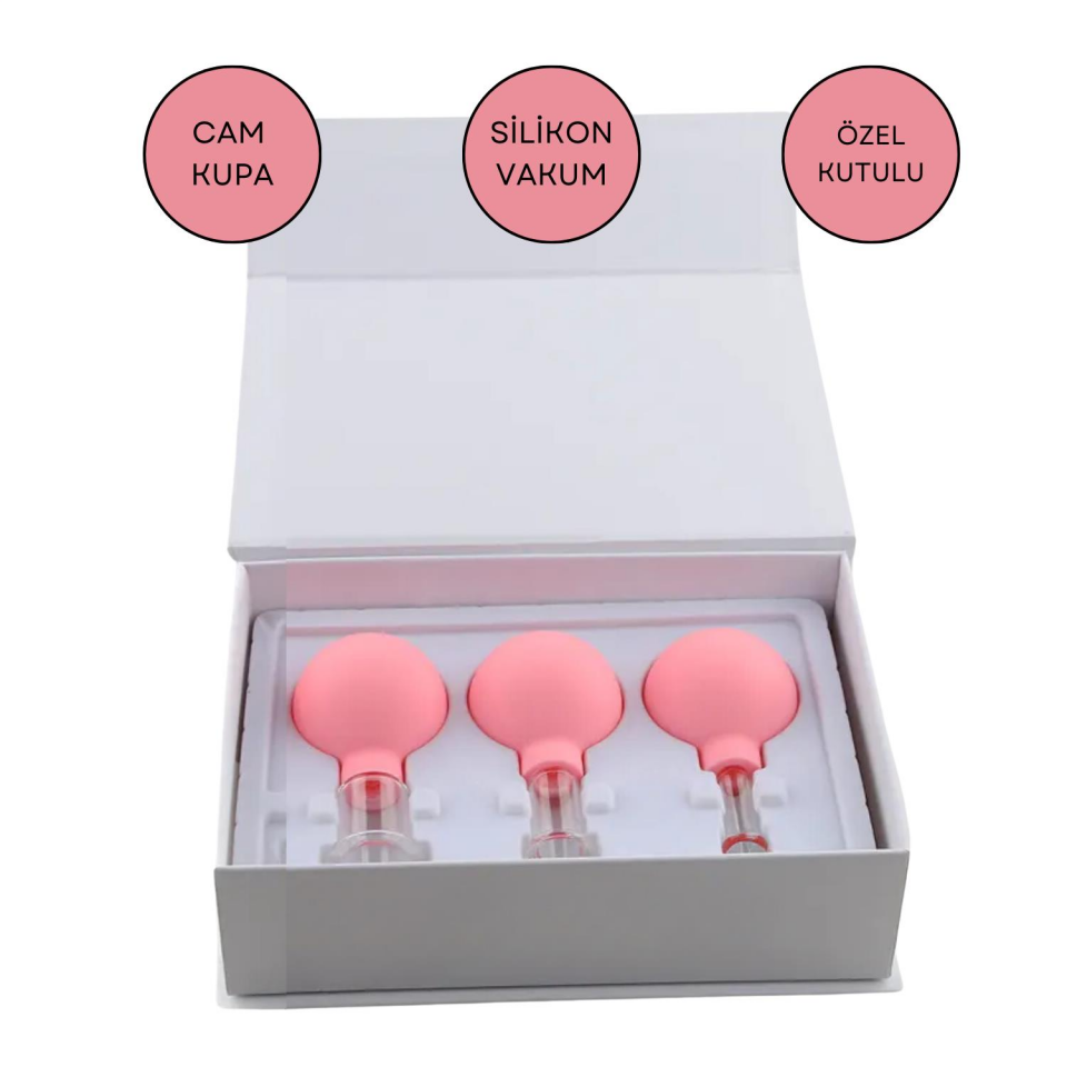 Silikon Vakumlu Cam Yüz Masaj Kupası 3'lü Set Pembe Renk