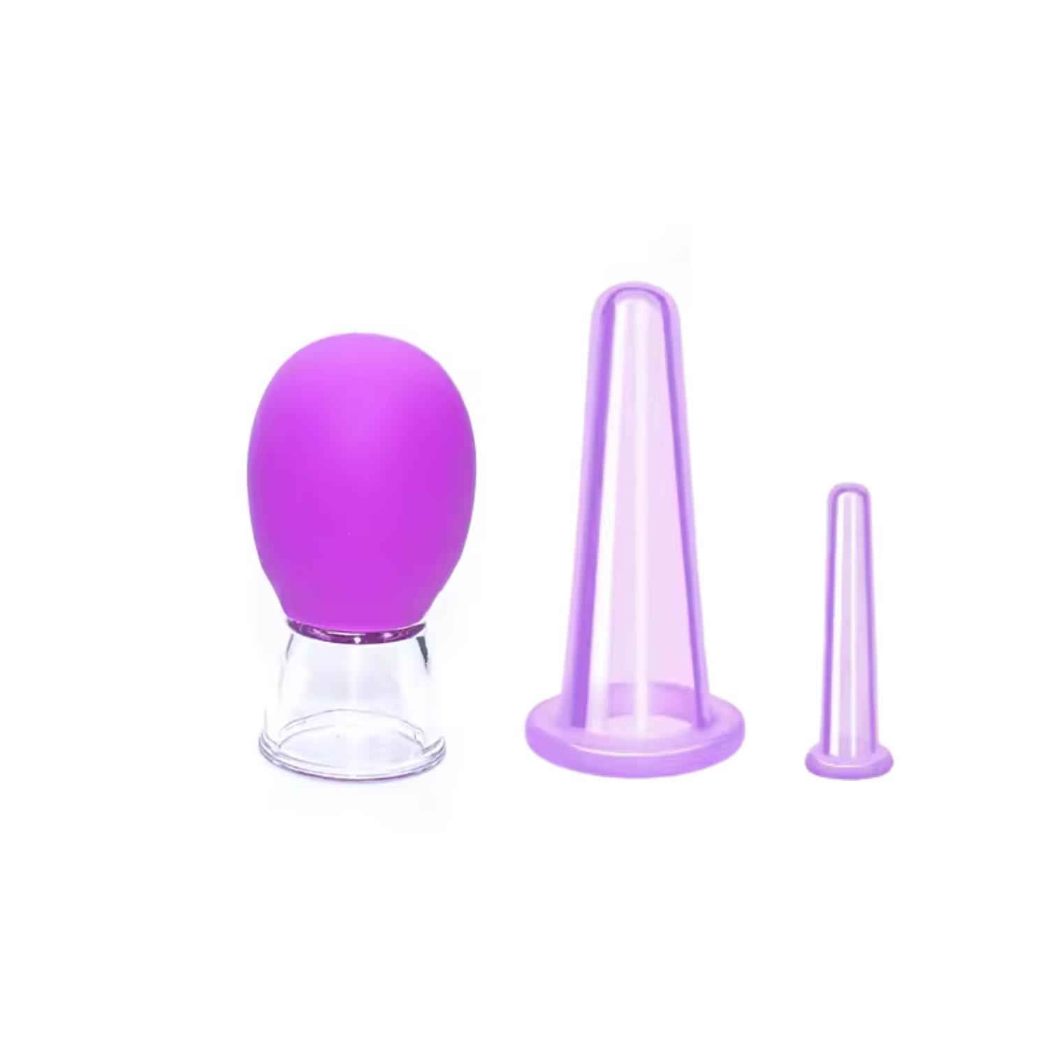 Mini Silikon Vakumlu Mika Yüz Masaj Kupası 3'lü Karışık Set Mor Renk