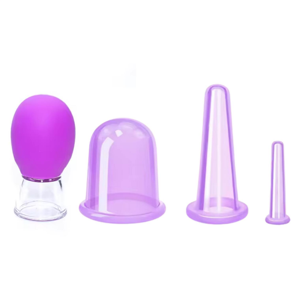 Mini Silikon Vakumlu Mika Yüz Masaj Kupası 4'lü Karışık Süper Set Mor Renk