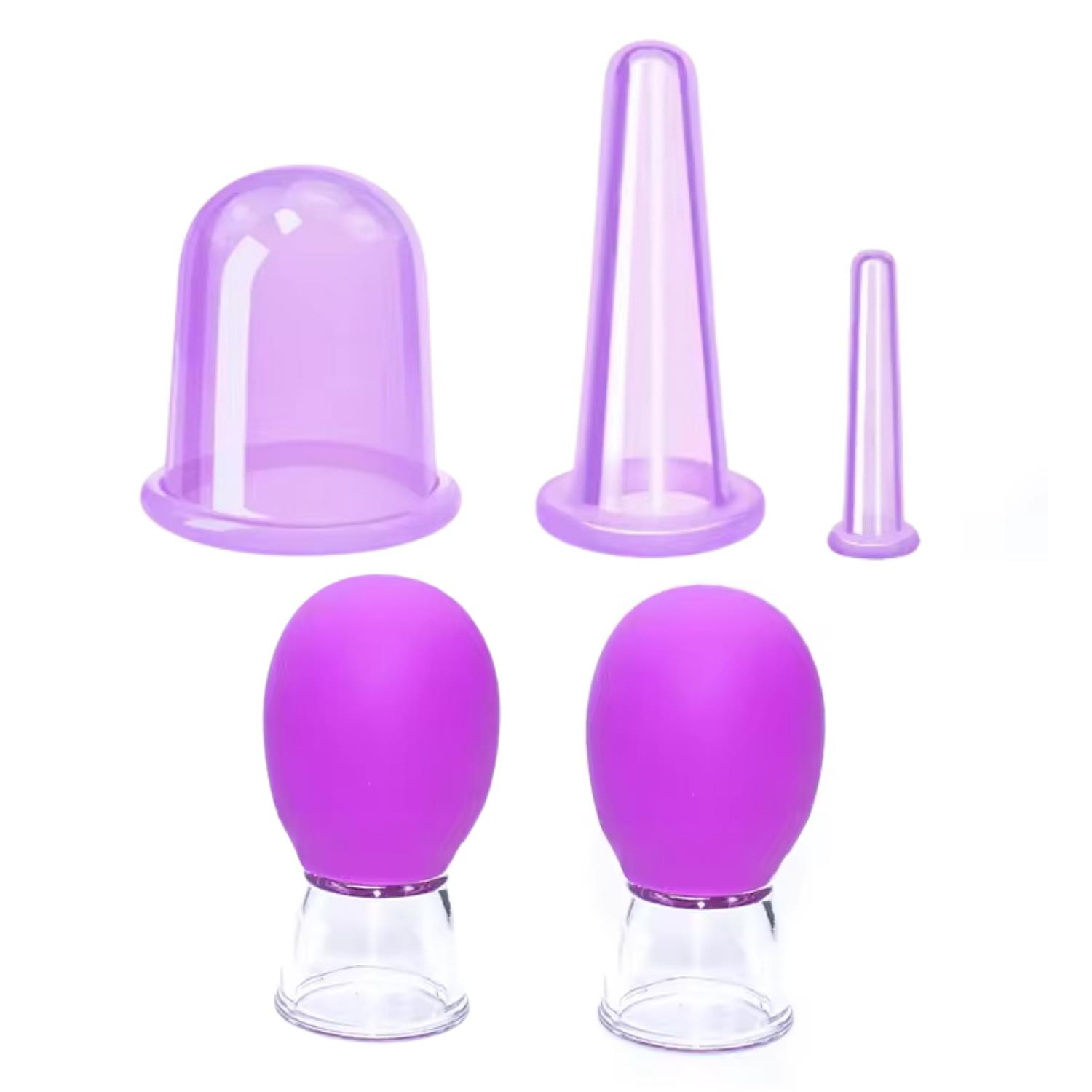 Mini Silikon Vakumlu Mika Yüz Masaj Kupası 5'li Karışık Set Mor Renk
