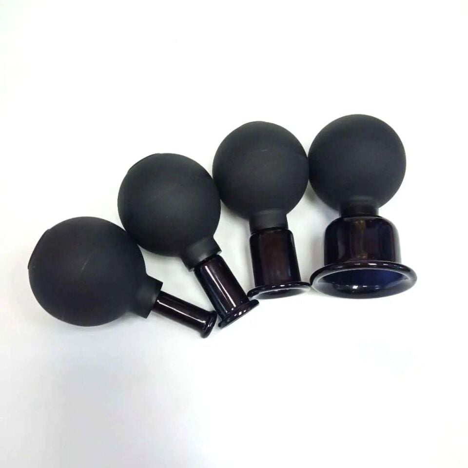 Silikon Vakumlu Cam Yüz Masaj Kupası 4'lü Set Full Siyah