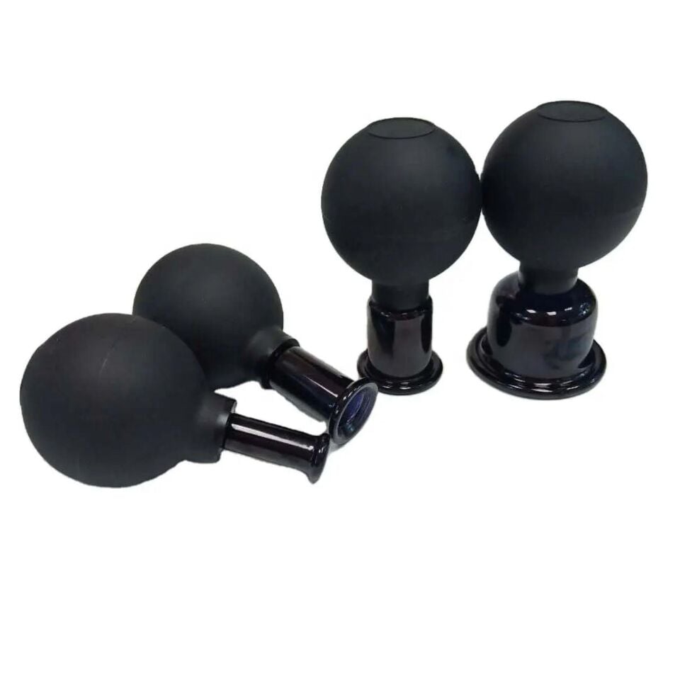 Silikon Vakumlu Cam Yüz Masaj Kupası 4'lü Set Full Siyah