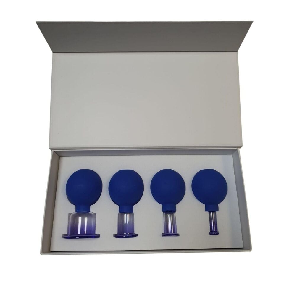 Silikon Vakumlu Cam Yüz Masaj Kupası 4'lü Set Full Mavi