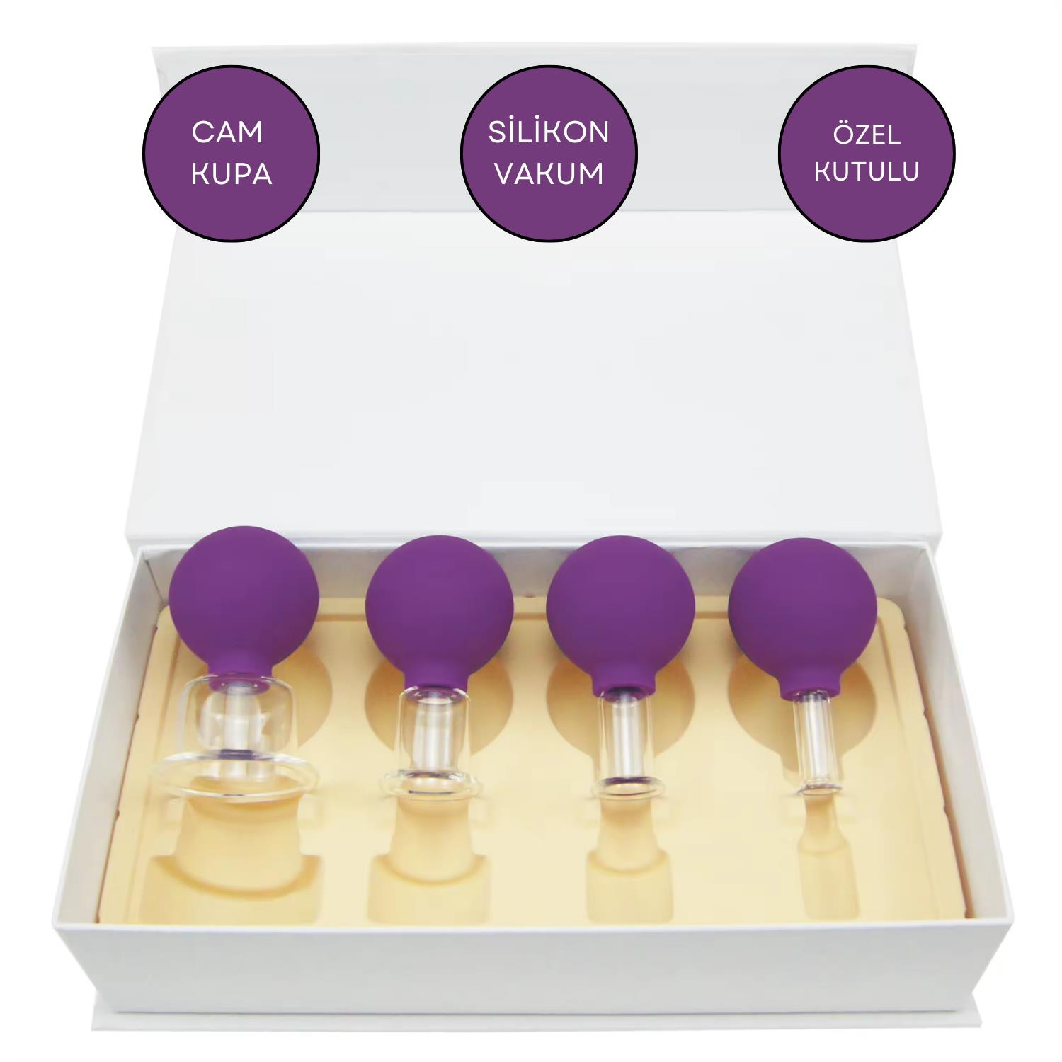 Silikon Vakumlu Cam Yüz Masaj Kupası 4'lü Set Koyu Mor Renk
