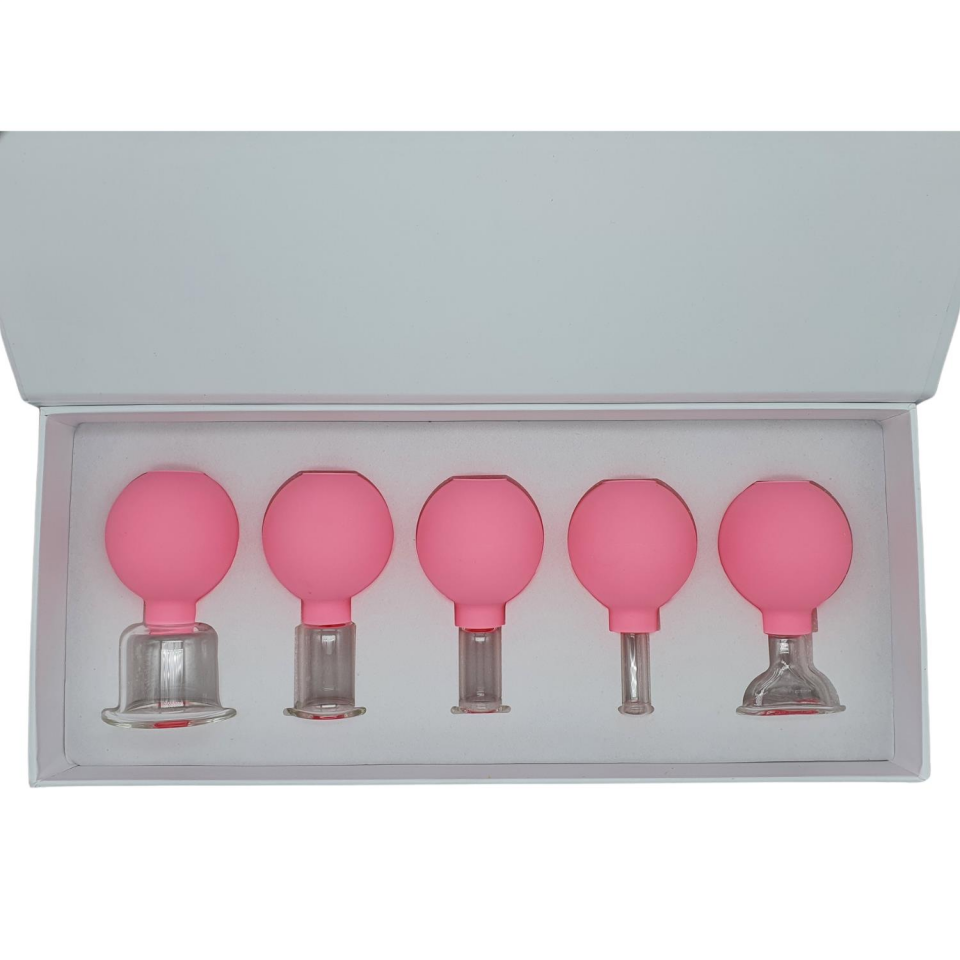 Silikon Vakumlu Cam Yüz Masaj Kupası 5’li Set Pembe Renk