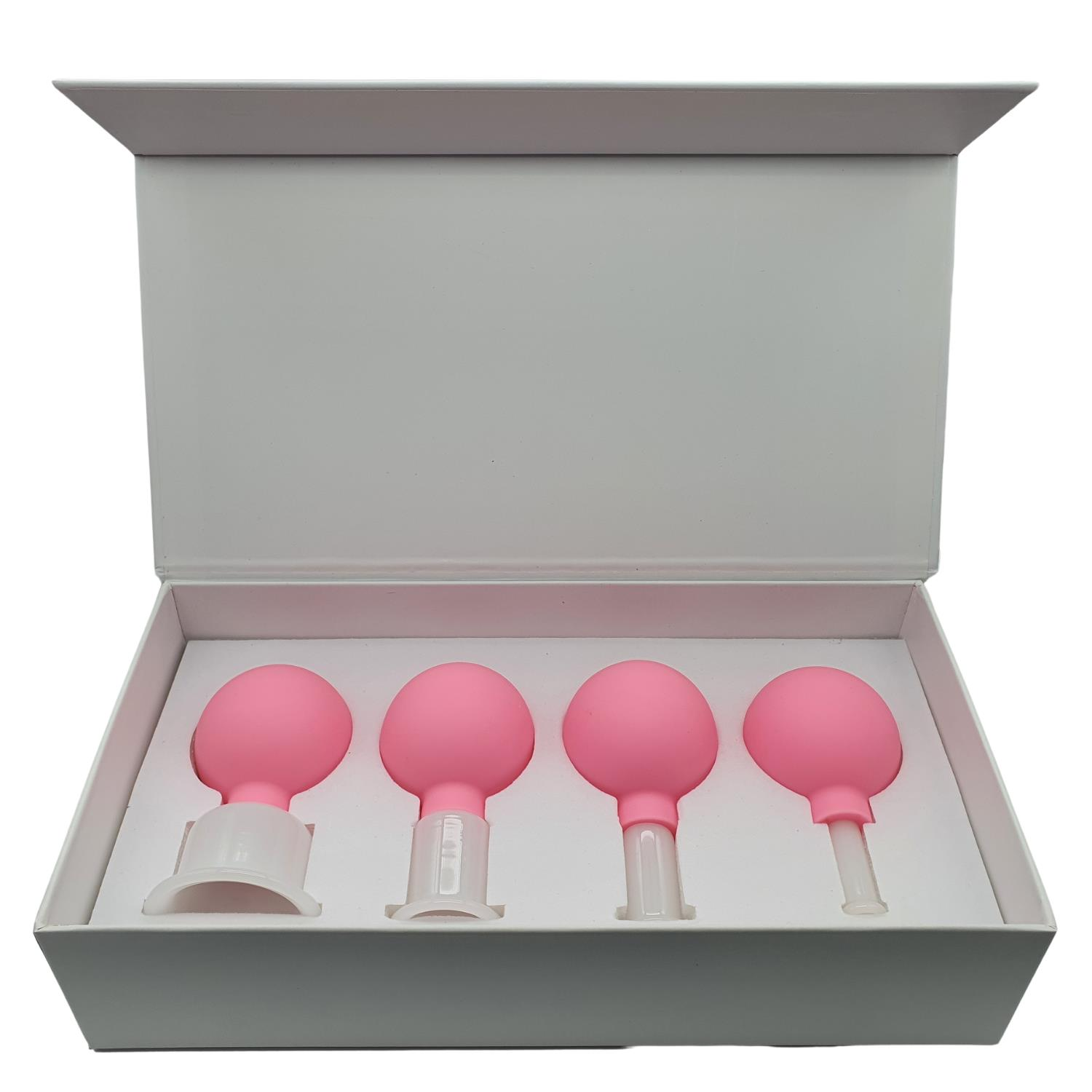 Silikon Vakumlu Yeşim Taş Jade Yüz Masaj Kupası 4’lü Set Pembe Renk