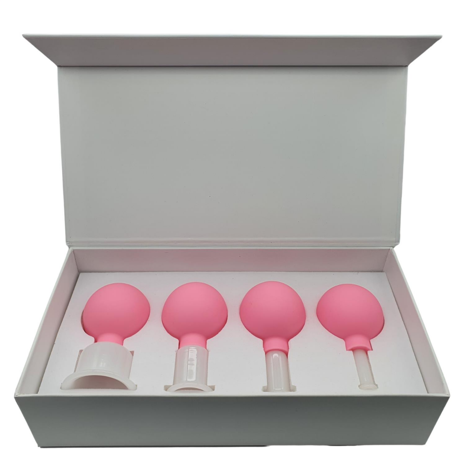 Silikon Vakumlu Yeşim Taş Jade Yüz Masaj Kupası 4’lü Set Pembe Renk