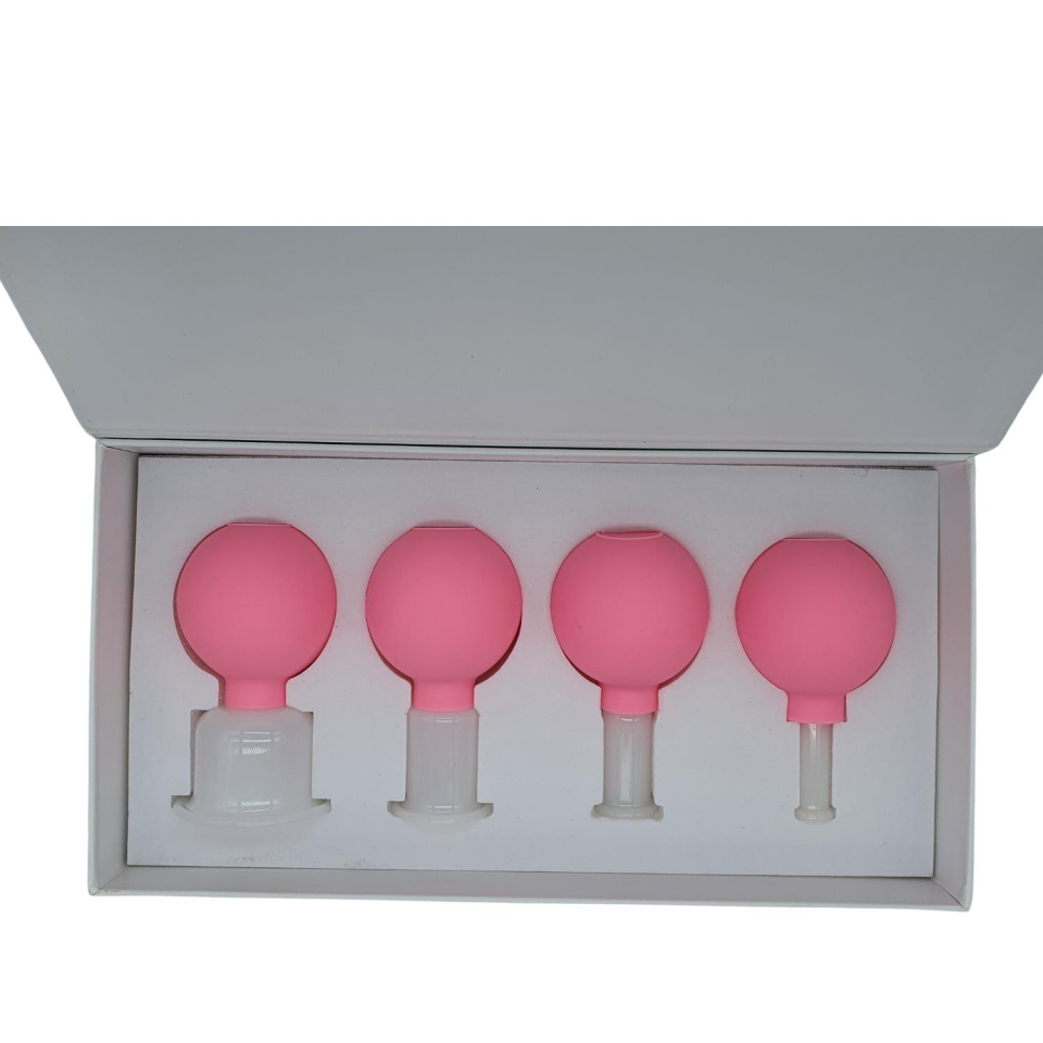 Silikon Vakumlu Yeşim Taş Jade Yüz Masaj Kupası 4’lü Set Pembe Renk