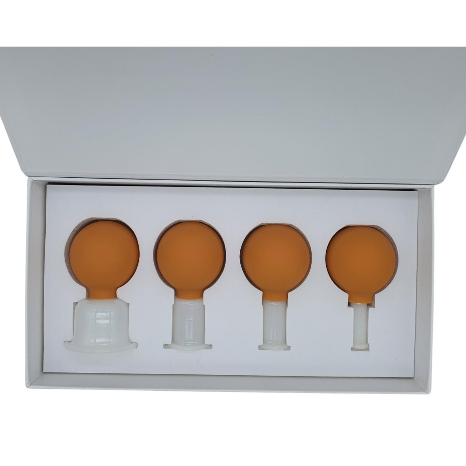 Silikon Vakumlu Yeşim Taş Jade Yüz Masaj Kupası 4’lü Set Turuncu Renk