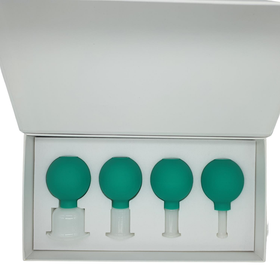 Silikon Vakumlu Yeşim Taş Jade Yüz Masaj Kupası 4’lü Set Yeşil Renk