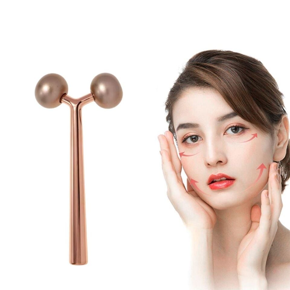 Metal Yüz Masaj Aleti Face Yoga Guasha 3D Roller Graston Aparatı Altın Renk