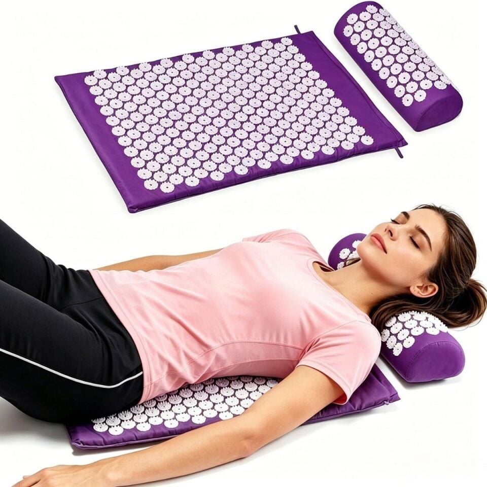 Akupressür Akupunktur Mat ve Yastık Seti Refleksoloji Yoga Mor Renk Çivimat