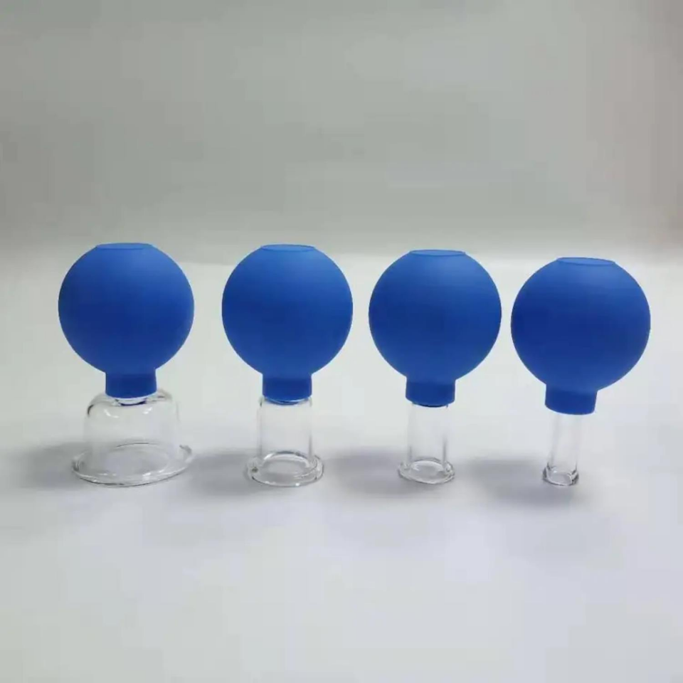 Silikon Vakumlu Cam Yüz Masaj Kupası 4'lü Set Mavi Renk