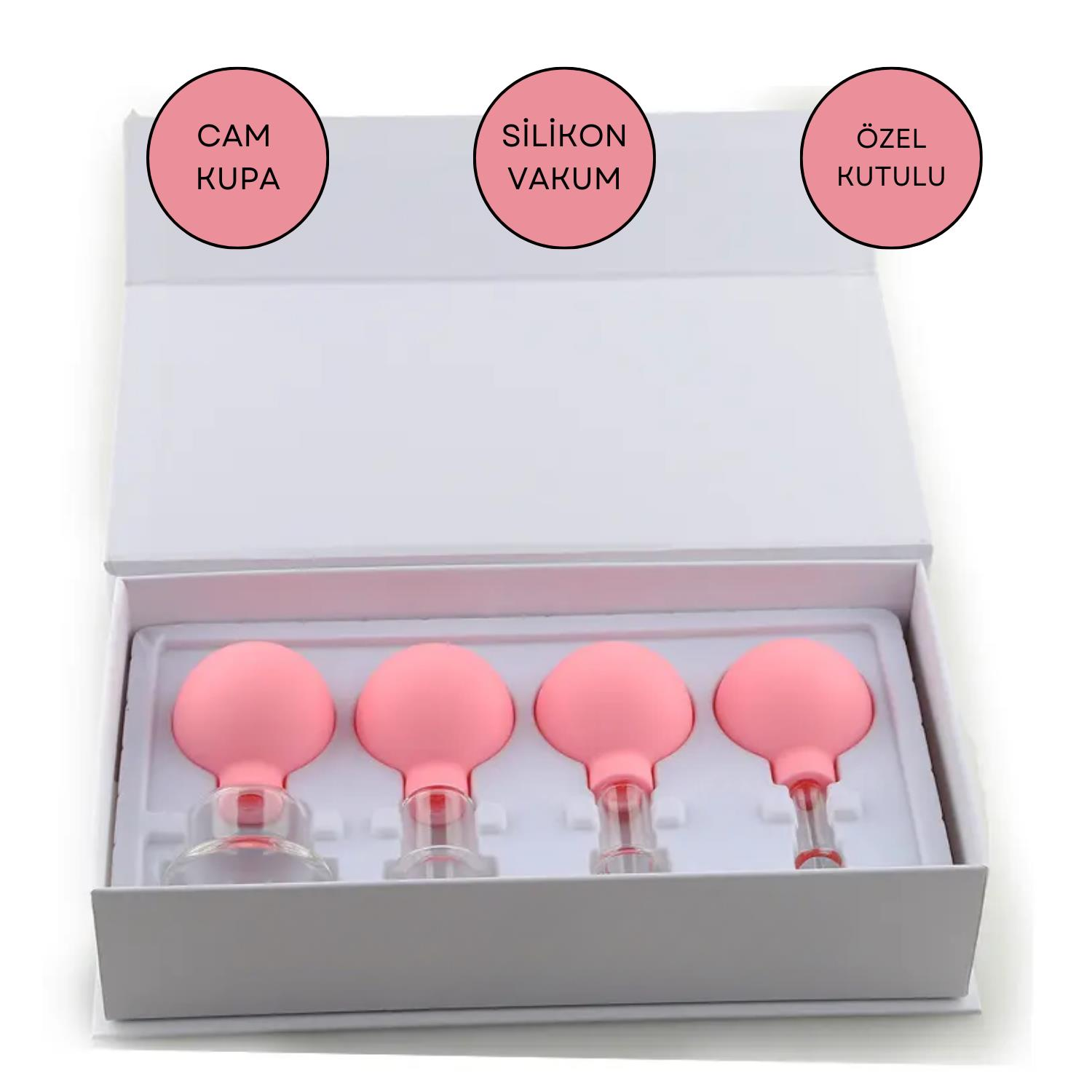 Silikon Vakumlu Cam Yüz Masaj Kupası 4'lü Set Pembe Renk