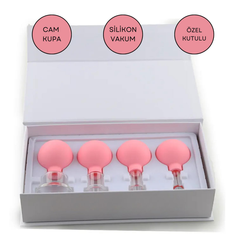 Silikon Vakumlu Cam Yüz Masaj Kupası 4'lü Set Pembe Renk