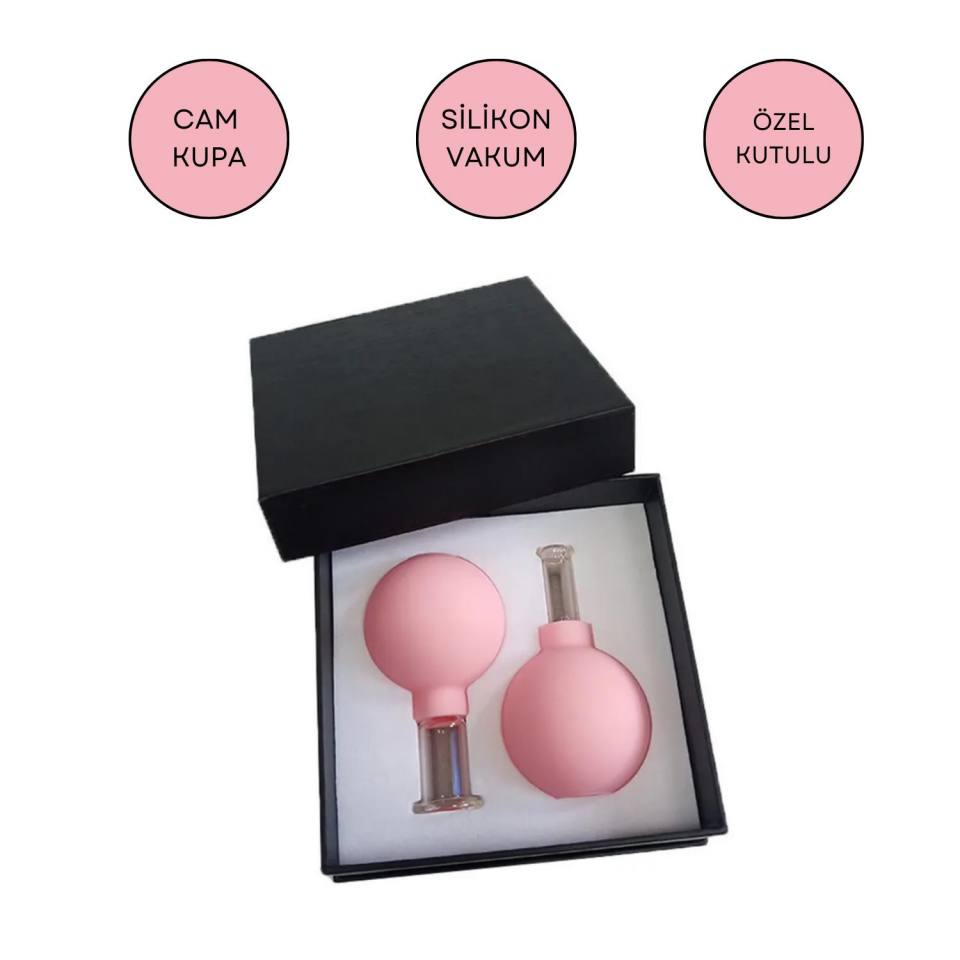 Silikon Vakumlu Cam Yüz Masaj Kupası 2'li Set Pembe Renk